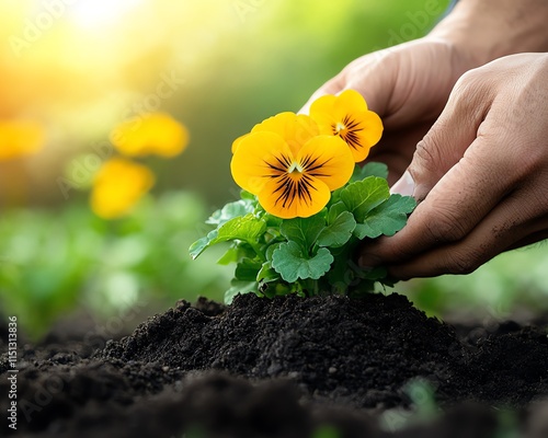 A man s hands planting flowers in freshly prepared soil, with detailed earth clumps visible and a bright garden in the background, creating a tranquil scene photo