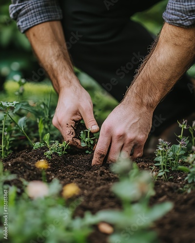 A man s hands planting in the soil, with fresh earth and vibrant green plants in the background, capturing the nurturing process of gardening photo