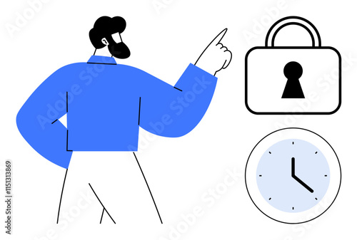 Business professional pointing at lock and clock. Ideal for security, time management, business, protection, punctuality, efficiency, illustrations portraying key concepts. Line metaphor