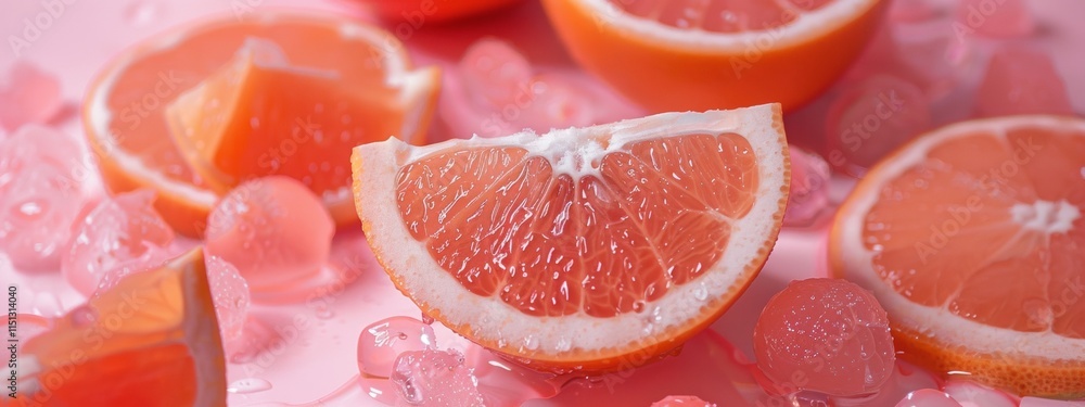 Fresh Grapefruit Slices on a Pink Background Fresh Grapefruit Slices on a Pink Background