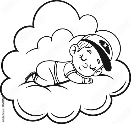 Sleeping Boy on a Cloud: A cute little boy dreams peacefully while nestled in a fluffy cloud