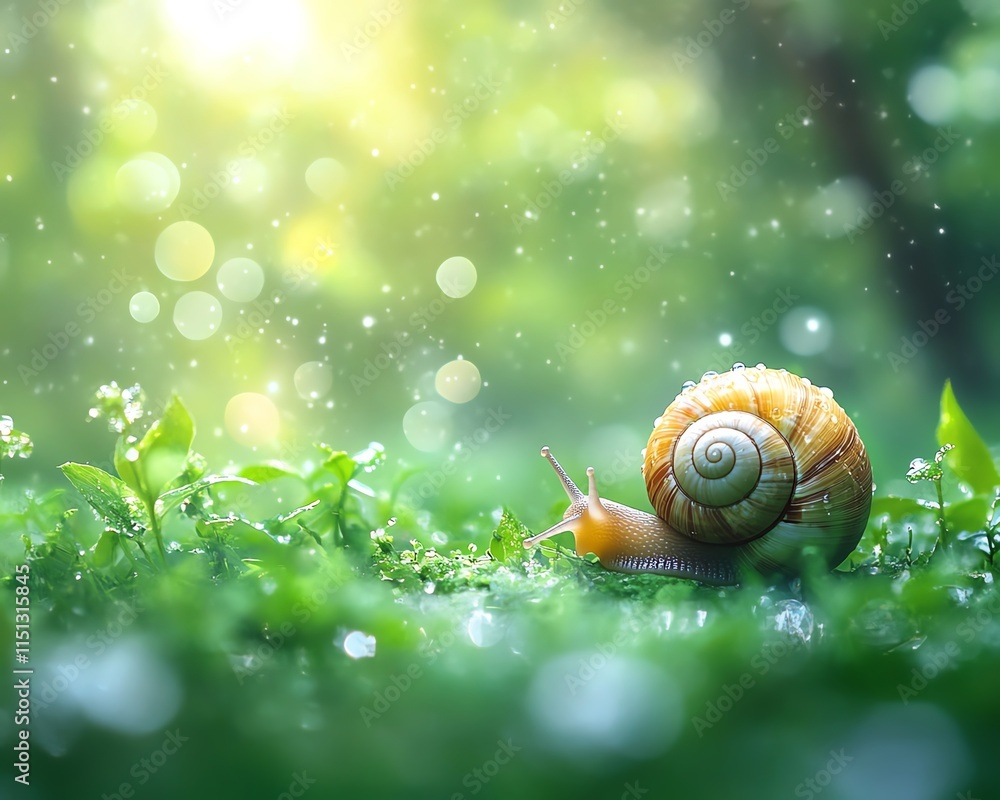 A small snail with a coiled shell crawling across lush grass, surrounded by soft green foliage and morning dew, with natural lighting highlighting its movement A small snail with a coiled shell crawling across lush grass, surrounded by soft green foliage and morning dew, with natural lighting highlighting its movement