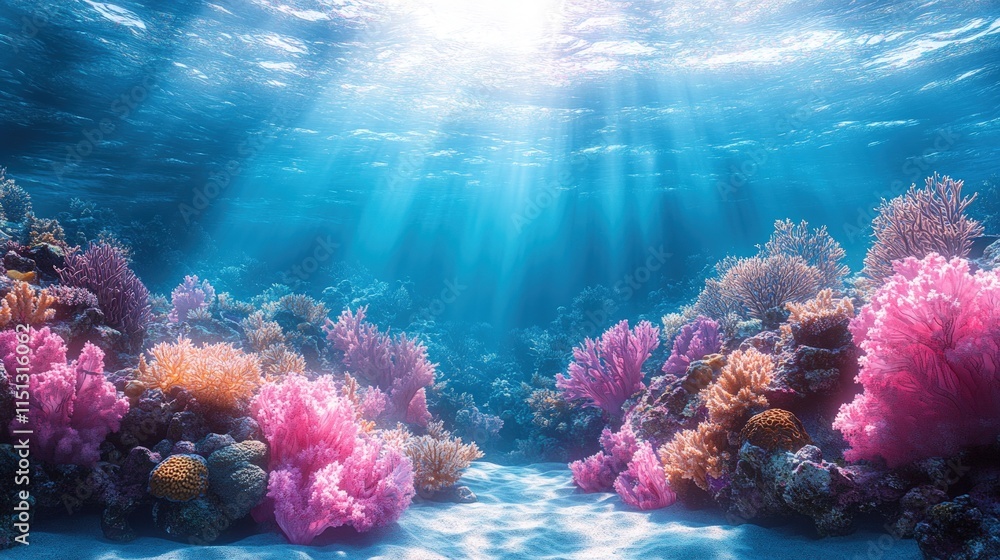 Fototapeta premium Vibrant coral reef, sunlit ocean floor.