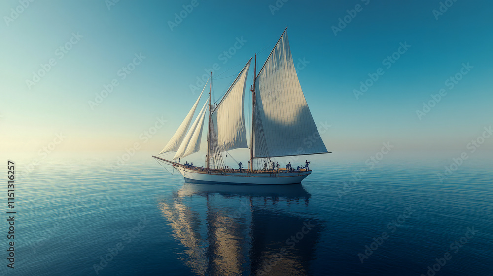 Fototapeta premium Majestic white sailboat on calm ocean at sunrise
