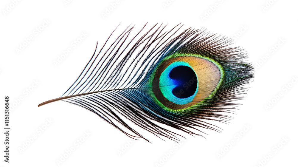 Obraz premium Vibrant Peacock Feather Isolated on White Background