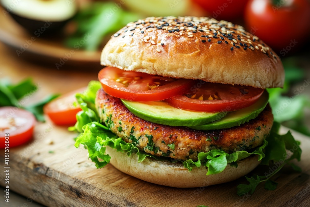 Scrumptious Plant-Based Burger with Avocado and Tomato Scrumptious Plant-Based Burger with Avocado and Tomato