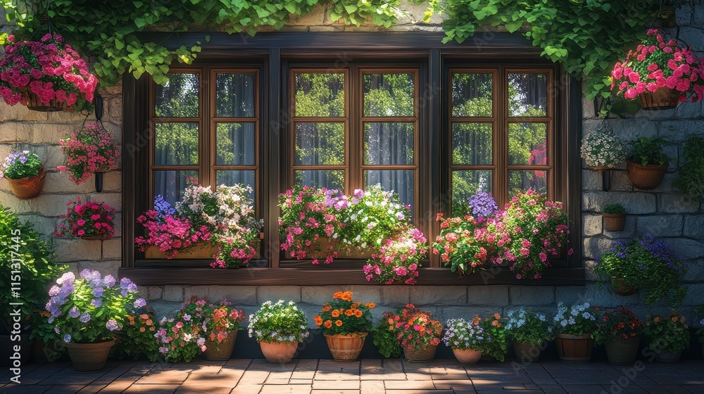 Fototapeta premium Cozy home with windows adorned by hanging flower baskets and potted plants.