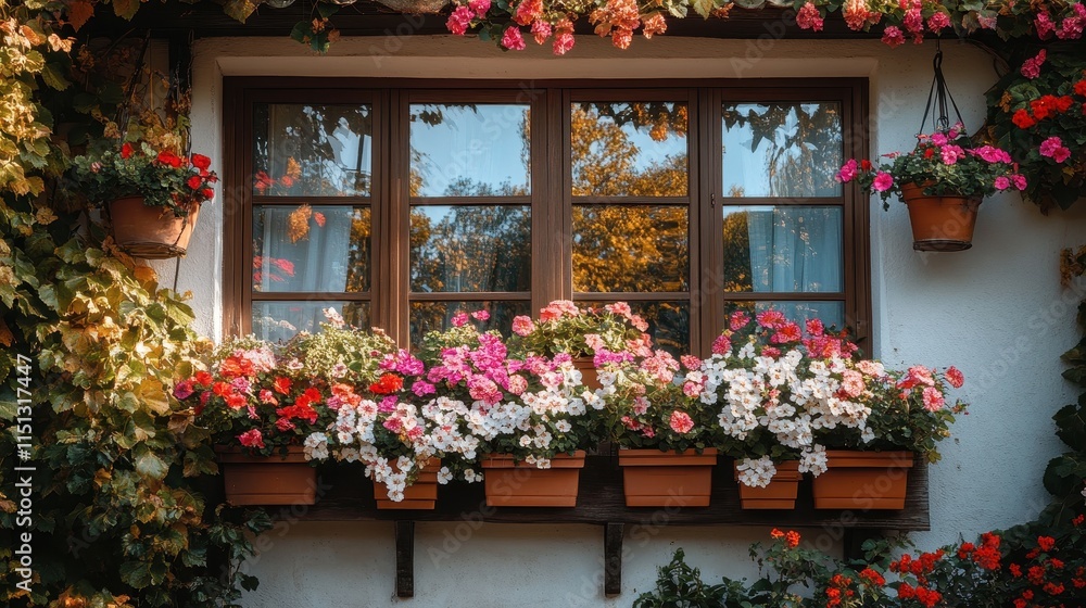 Cozy home with windows adorned by hanging flower baskets and potted plants. Cozy home with windows adorned by hanging flower baskets and potted plants.