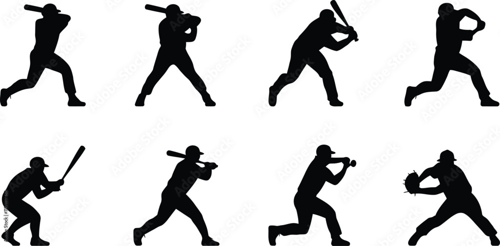 Dynamic Baseball Silhouette Set for Game Day Posters, Event Promotions and Sports Logos. Dynamic Baseball Silhouette Set for Game Day Posters, Event Promotions and Sports Logos.
