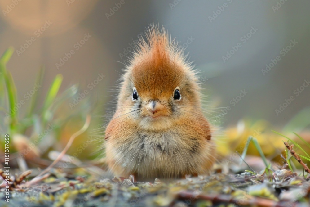 Fototapeta premium Small fluffy baby bird with orange mohawk resting on forest floor