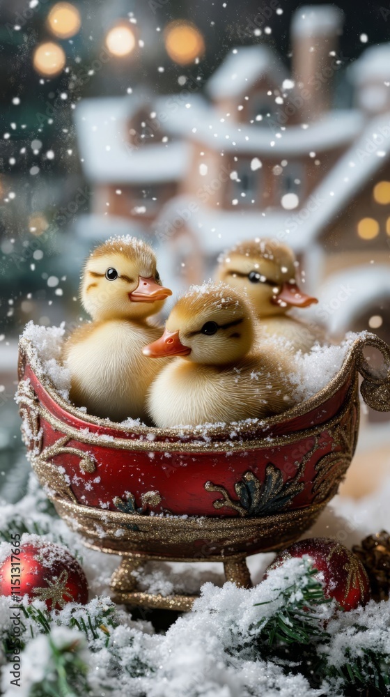 Obraz premium Three ducklings in a sleigh.