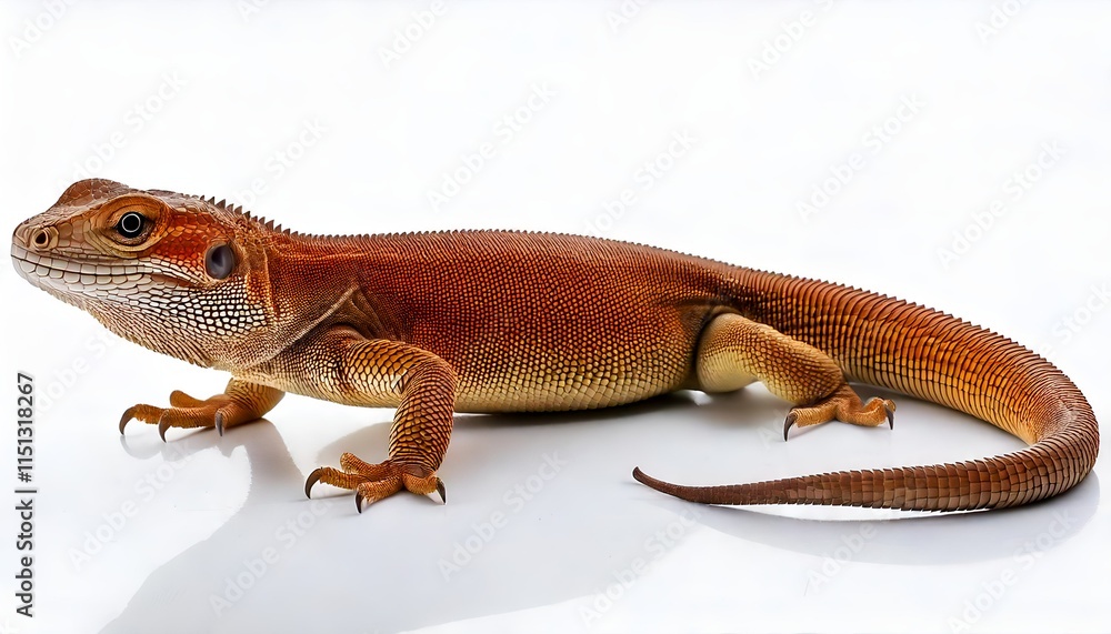 Naklejka premium Lizard on white background and showcasing detailed scales, natural texture and symbol of resilience and adaptability