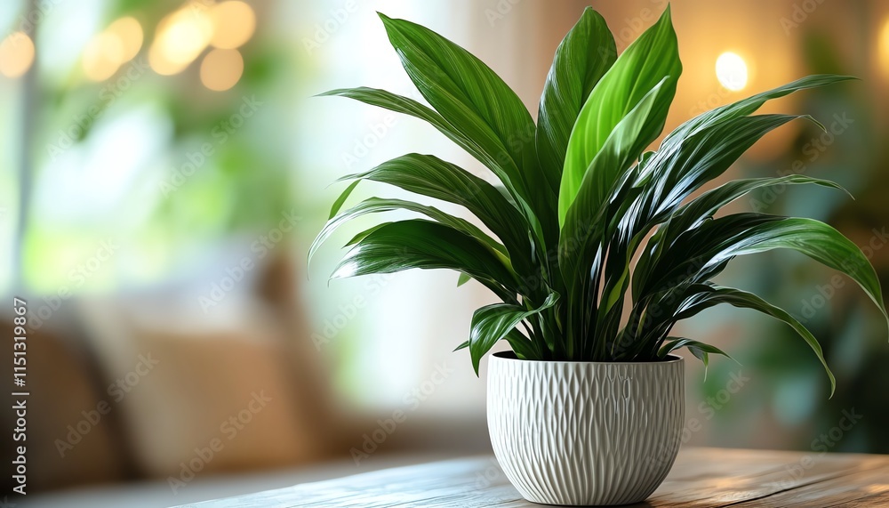A lush green Aspidistra plant with large, glossy leaves in a white pot, placed on a modern wooden table with soft lighting in the background A lush green Aspidistra plant with large, glossy leaves in a white pot, placed on a modern wooden table with soft lighting in the background
