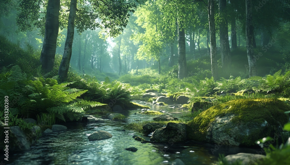 A peaceful forest scene with fresh green ferns growing along the edge of a stream, surrounded by mosscovered rocks and dappled sunlight creating a serene atmosphere A peaceful forest scene with fresh green ferns growing along the edge of a stream, surrounded by mosscovered rocks and dappled sunlight creating a serene atmosphere