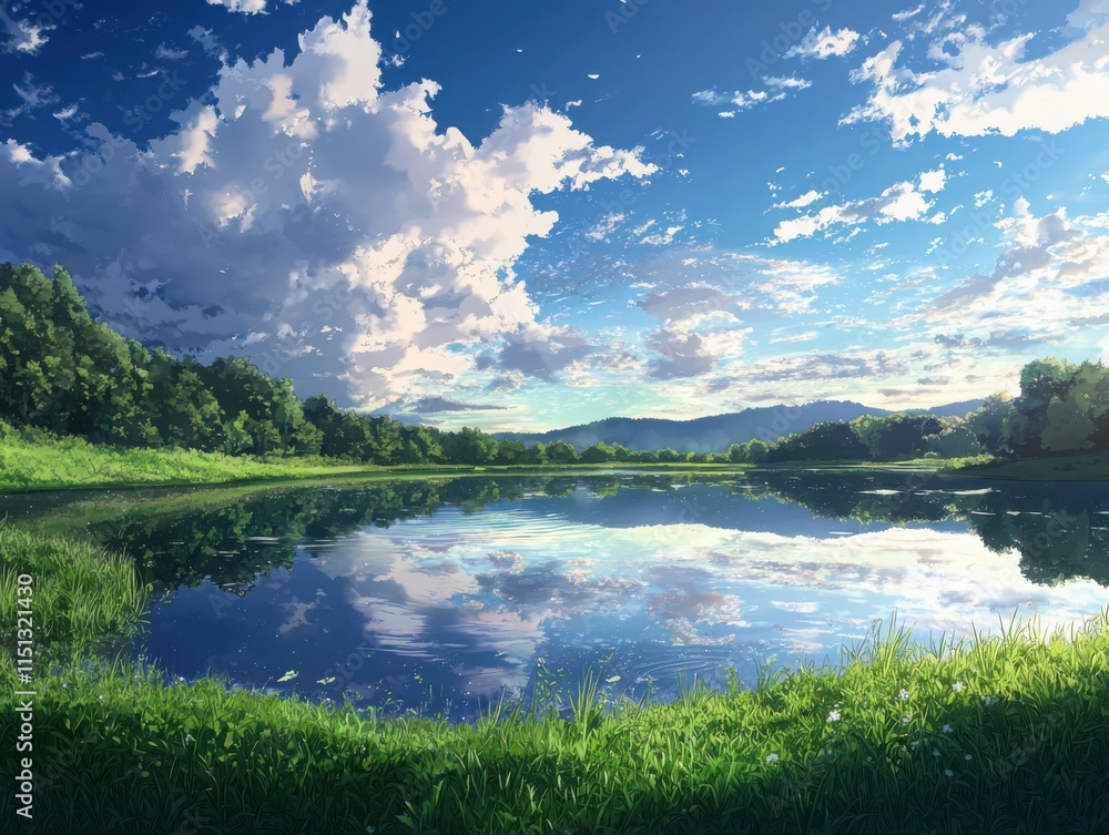 Fototapeta premium Dusk reflections on a serene lake nature landscape soft blue and green colors tranquil environment artistic viewpoint