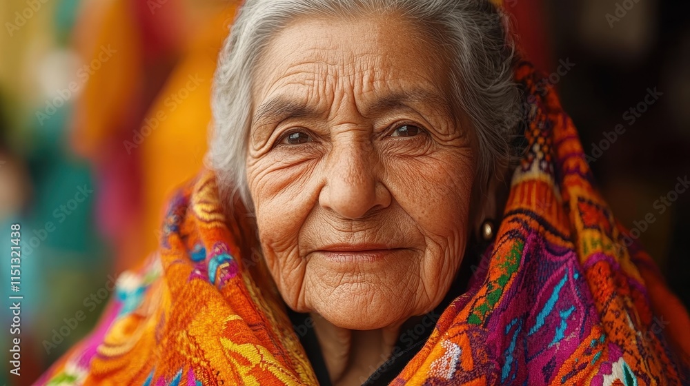Fototapeta premium Elderly Mexican woman with a rebozo and a warm expression.
