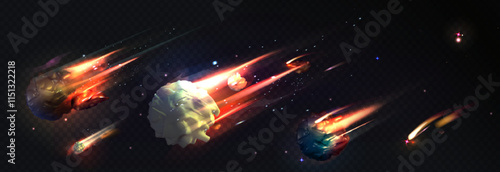 Asteroid space set of blazing cosmic rocks with luminous fire trails flying through starry cosmos. Realistic massive meteorites surrounded by burning plasma effects and smaller flaming comets.