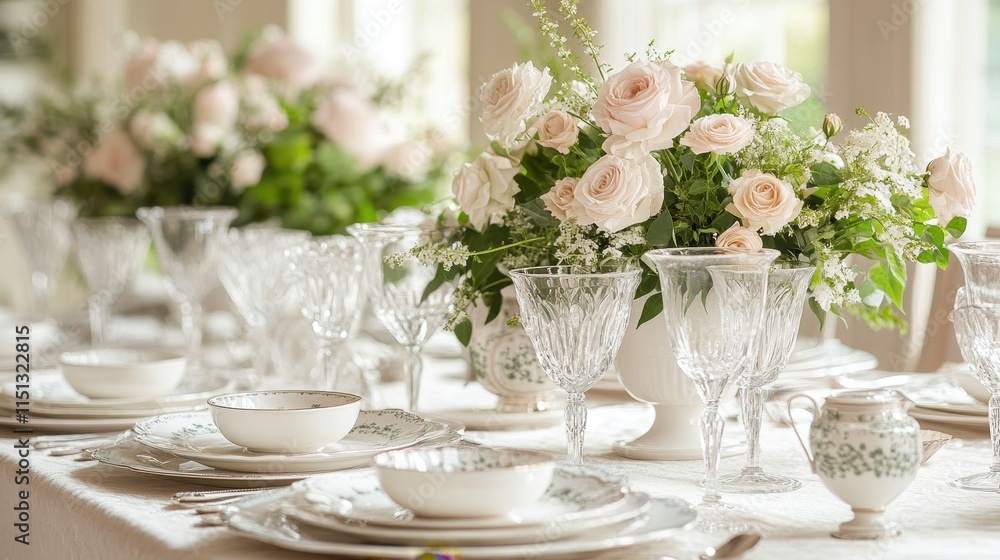 Elegant dining table set with fine china, crystal glassware, and delicate flowers, exuding sophistication and opulence. Elegant dining table set with fine china, crystal glassware, and delicate flowers, exuding sophistication and opulence.