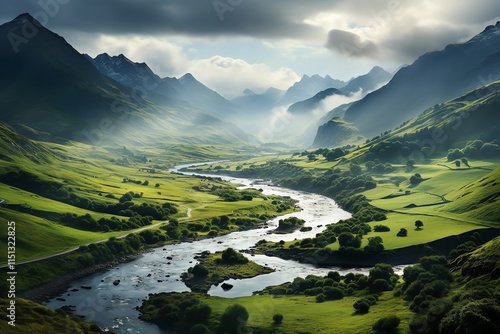 Serene mountain valley river landscape. photo