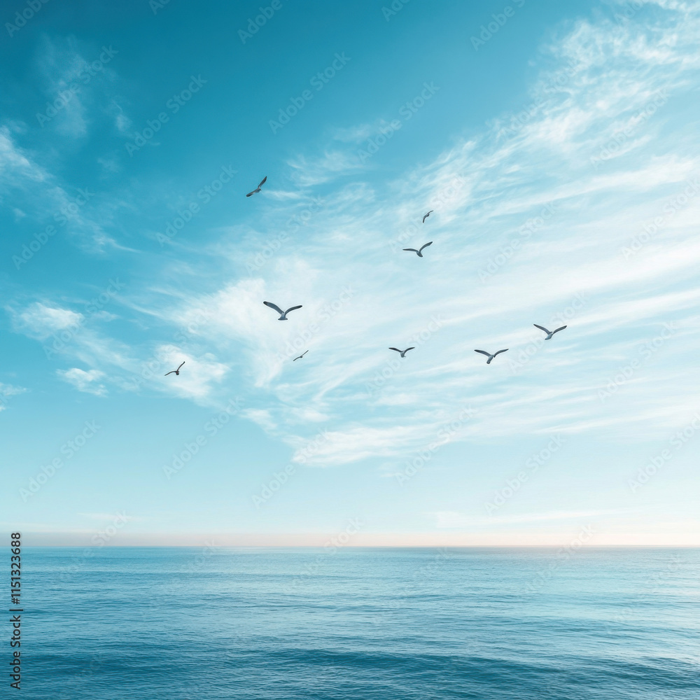 Fototapeta premium Seagulls flying over calm ocean under a clear blue sky.