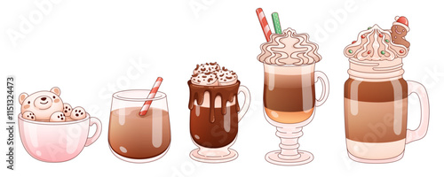 Hot chocolate collection - cute bear marshmallow drink, creamy beverage with straw, whipped cream topped cocoa, layered mocha shake with foam, gingerbread decorated glass. Cozy winter beverages.