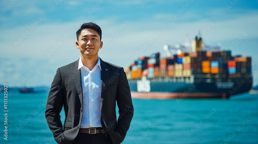 Confident asian young male in business suit standing near ocean with container ship in background Confident asian young male in business suit standing near ocean with container ship in background
