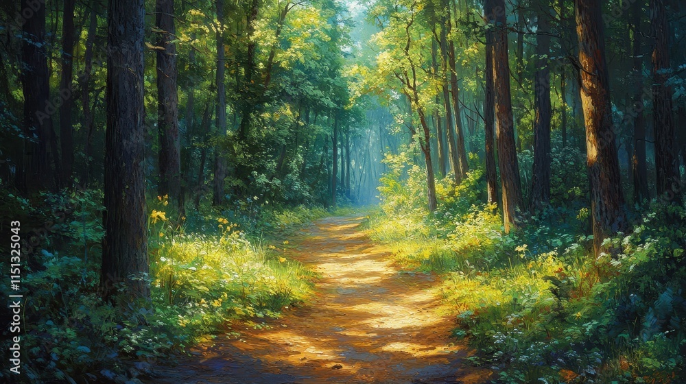 Obraz premium Forest path with dappled sunlight