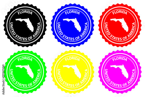 Florida - rubber stamp - vector, Florida (United States of America) map pattern - sticker - black, blue, green, yellow, purple and red