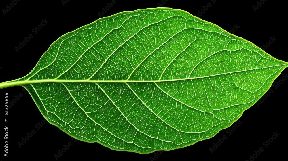 Obraz premium Green foliage concept. A vibrant green leaf showcasing intricate vein patterns on a dark background.