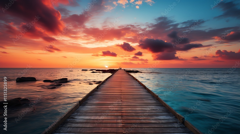 Obraz premium Serene sunset over ocean, wooden pier extending to horizon.