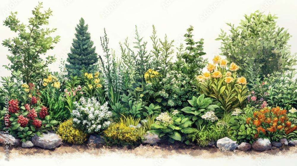 Garden with various plants labeled, illustrating growth and discovery in nature. Garden with various plants labeled, illustrating growth and discovery in nature.