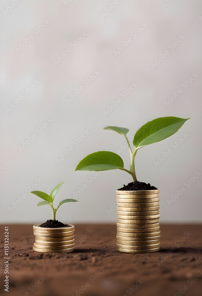 Plants with coins stacked on dirt and copy space Plants with coins stacked on dirt and copy space