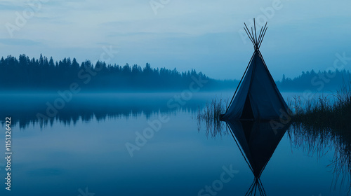 Tranquil lake at dawn with teepee and forest silhouette in misty atmosphere photo