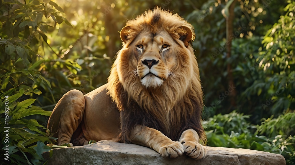 lion sitting confidently on a stone throne, wearing an ornate crown with intricate engravings, surrounded by lush green foliage and golden sunlight lion sitting confidently on a stone throne, wearing an ornate crown with intricate engravings, surrounded by lush green foliage and golden sunlight