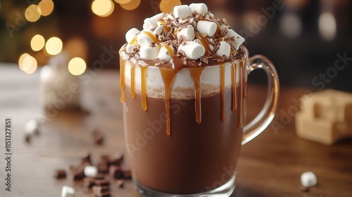 Hot chocolate with marshmallows and caramel drizzle