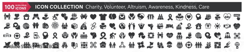 Big icons collection. Containing Charity, Volunteer, Altruism, Awareness, Kindness, Care. Glyph solid style series icon