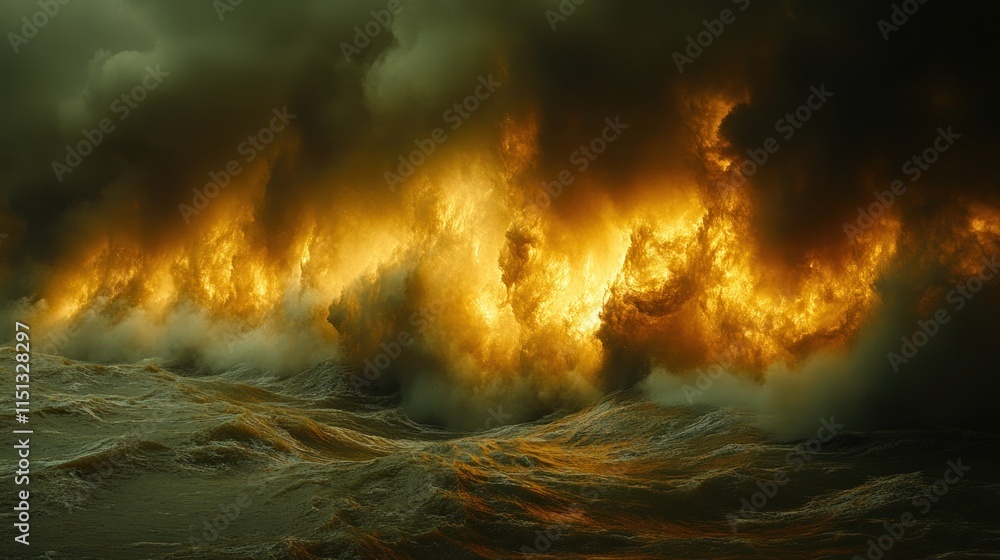 Fototapeta premium Fiery waves crashing under stormy clouds.