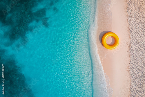 Aerial view of orange float on pristine beach with turquoise water