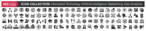 Big icons collection. Containing Information Technology, Artificial Intelligence, Networking, Data Analytics. Glyph solid style series icon
