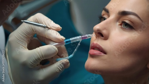 Doctor performing non-surgical rhinoplasty using hyaluronic acid filler injection