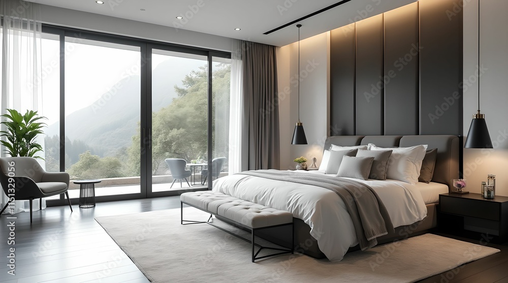 Fototapeta premium Luxurious bedroom in white and gray-black tones with a large bed