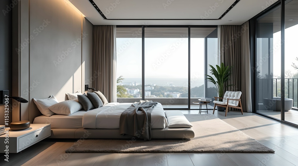 Luxurious bedroom in white and gray-black tones with a large bed Luxurious bedroom in white and gray-black tones with a large bed