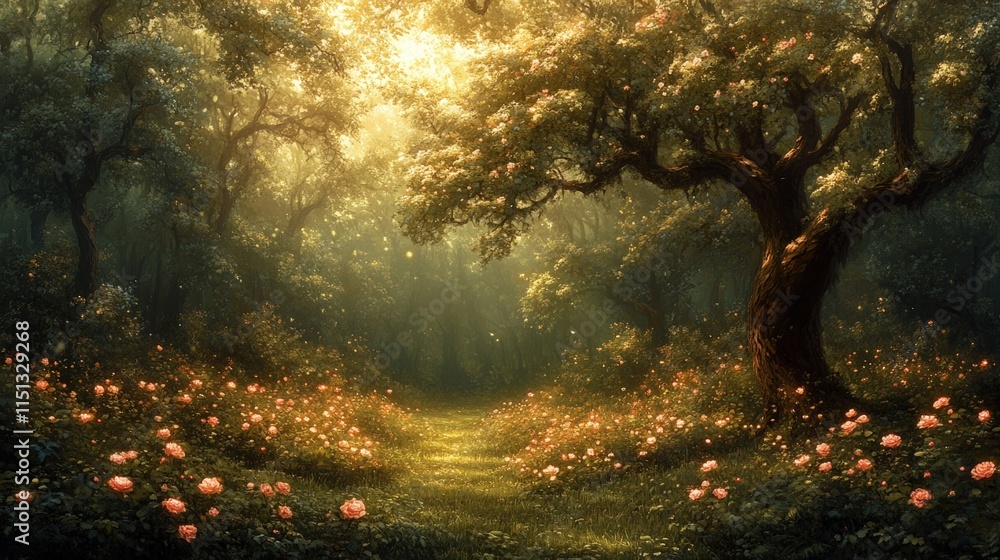 Sunlit forest path, blooming roses, magical scene. Sunlit forest path, blooming roses, magical scene.