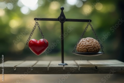 Balancing emotions and intellect with a heart and brain on a scale in nature