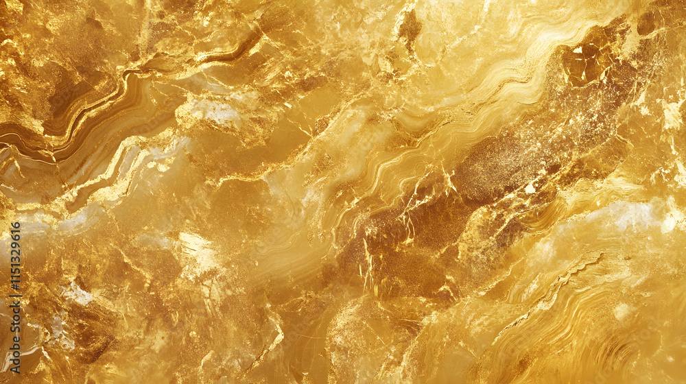 Gold marble texture background with swirling patterns and shiny, reflective surfaces. The gold color adds a sense of luxury to the abstract design.