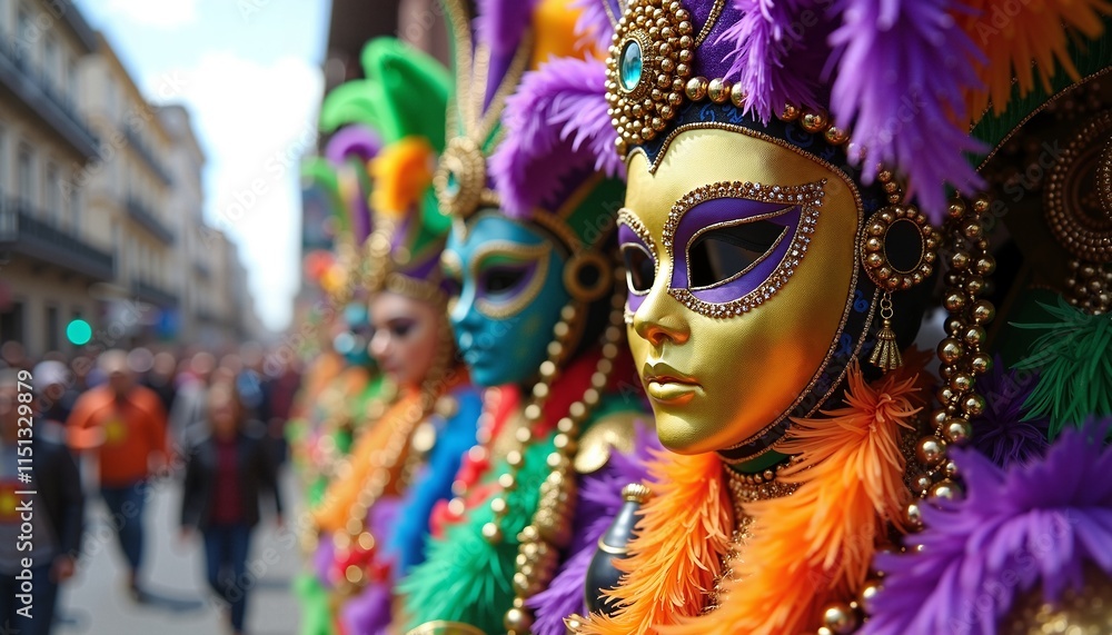 Fototapeta premium Vibrant masked figures in street festival parade, symbolizing cultural celebration