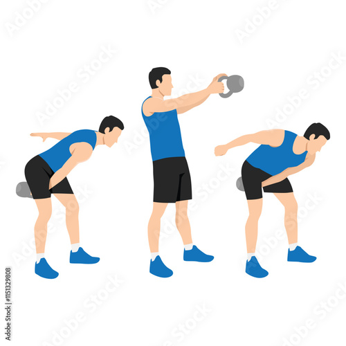 Man doing Alternating hand kettlebell swing exercise. Flat vector illustration isolated on white background