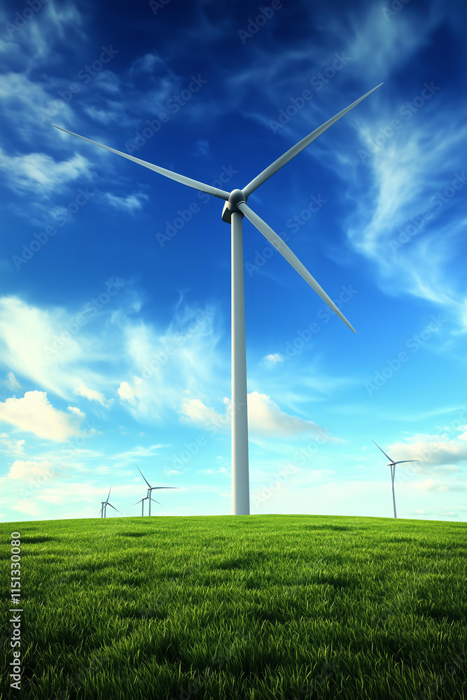 green energy concept, scenic view of a large wind farm with multiple wind turbines spinning in an open green field under a bright blue sky with soft white clouds, cinematic natural daylight green energy concept, scenic view of a large wind farm with multiple wind turbines spinning in an open green field under a bright blue sky with soft white clouds, cinematic natural daylight