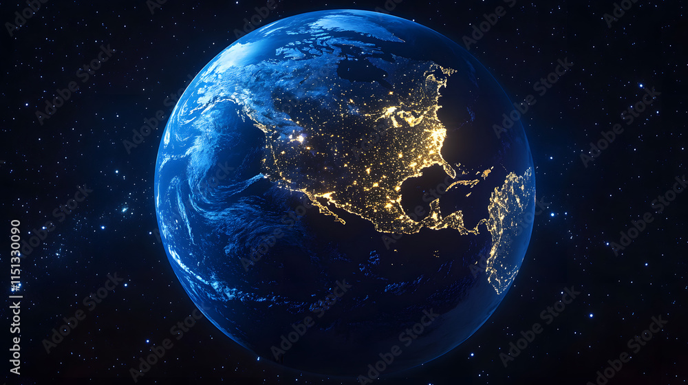 Obraz premium Global view of Earth at night showcasing illuminated cities and natural landforms