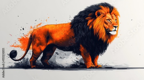 Fiery orange and black lion illustration with splash effect.